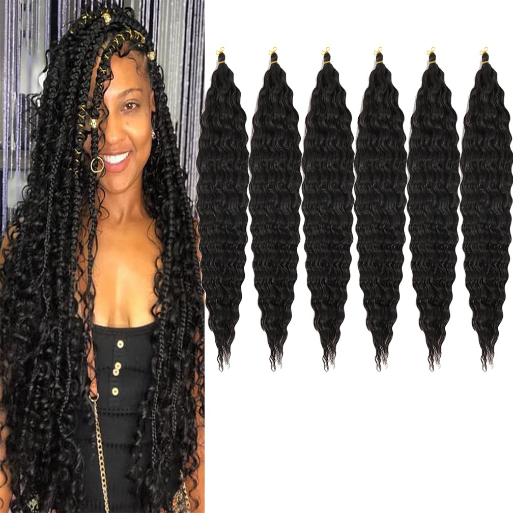 Ocean Wave Crochet Hair 30 Inch Deep Wave Braiding Hair Black Long Curly Crochet Braid Hair Extensions(1B-6Pcs)