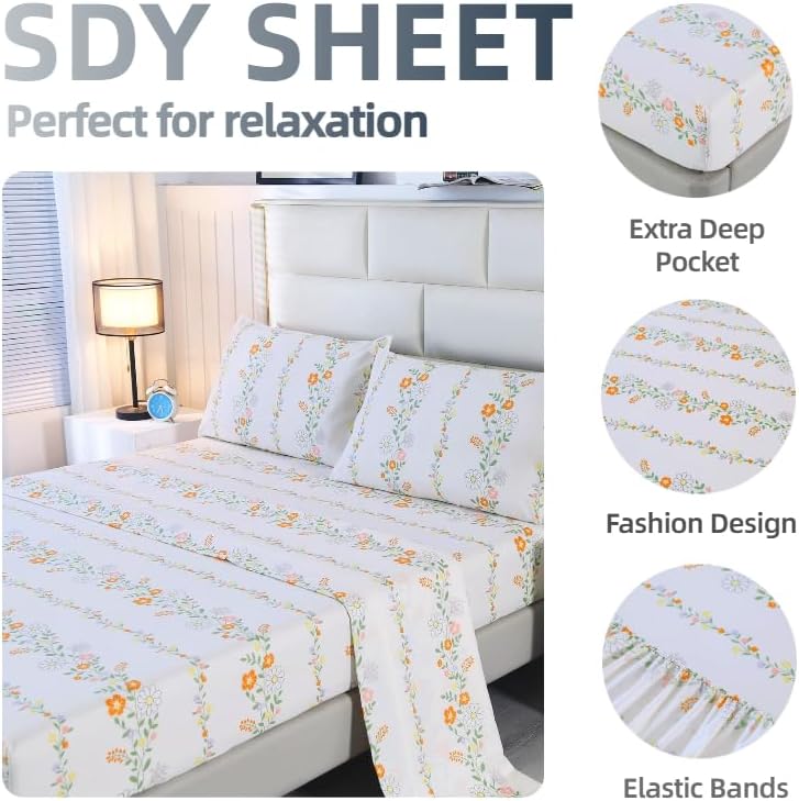 SDY 4PCS Floral Sheet Set, Soft Floral Twin Sheets for Kids, Children, Women, Girls,Microfiber Bedding Include 1 Fitted Sheet, 1 top Flat Sheet,2 Pillowcases