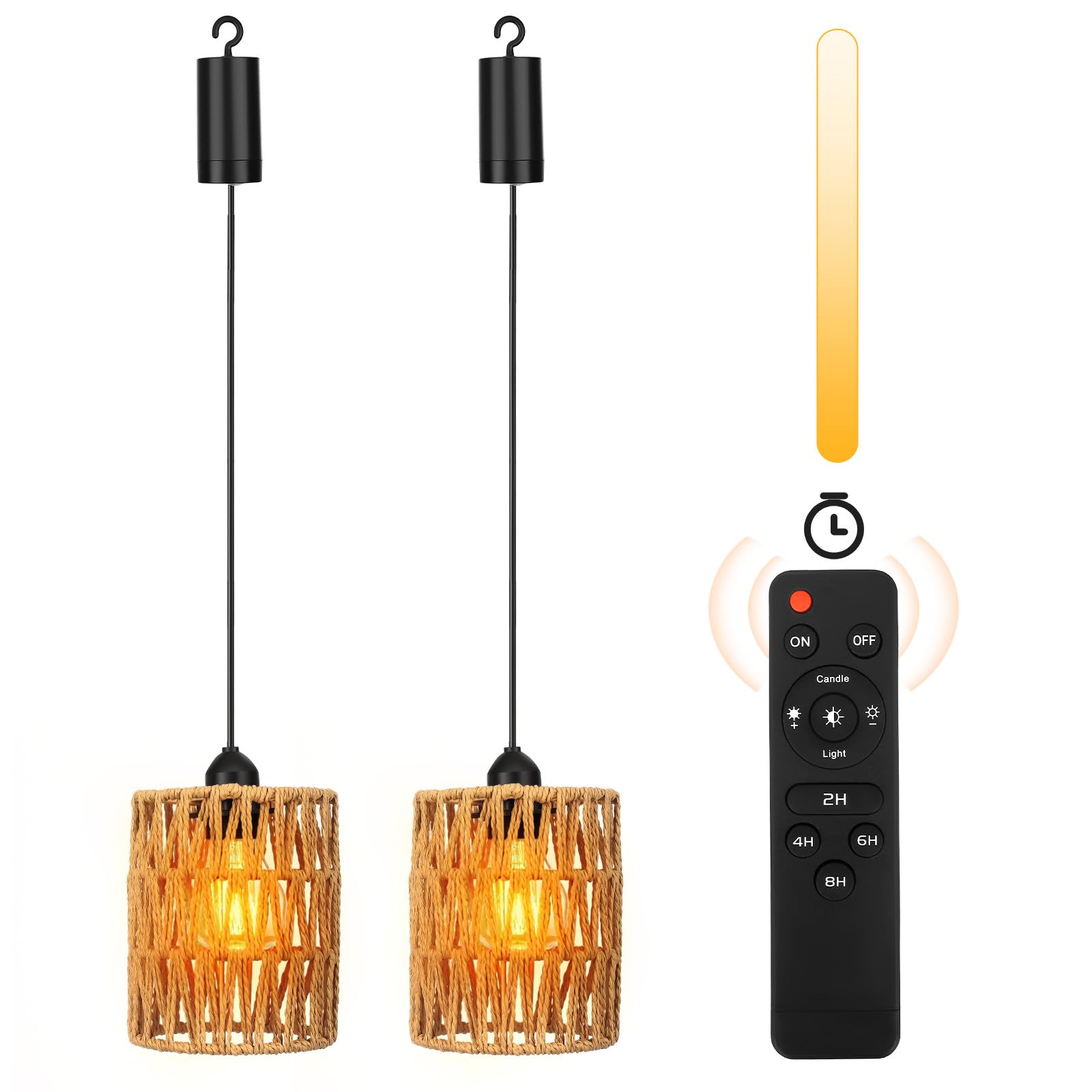 VeftBltrem Battery Operated Pendant Lights 2 Pack, Portable Rattan Pendant Lights Outdoor Hanging Chandeliers with Remote Control,Dimmable for Gazebo Porch Patio Decor