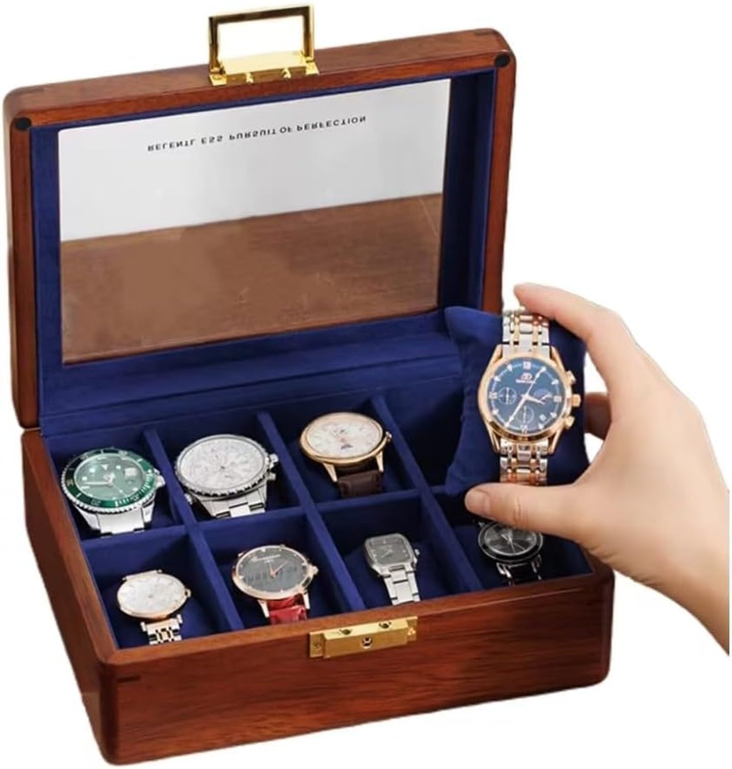 Astuccio Orologio in Legno Massello 8 Van Pietra con Coperchio in Vetro Noce Scatola Porta Orologi per Uomo Donna Custodia Da Tavolo Organizer, 8 slot-velluto blu reale, Legno di teak dorato massiccio
