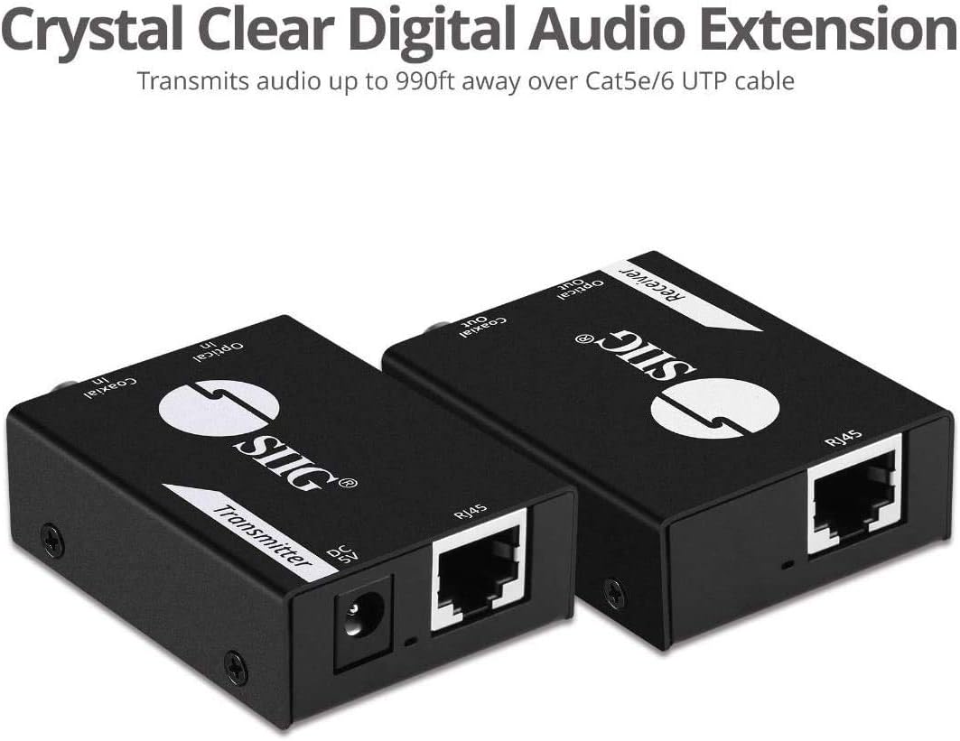SIIG Digital & Optical Audio Extender Over Cat5e/6 Ethernet Cable up to 990ft, Audio Converter, S/PDIF Toslink & Coaxial, Digital 5.1 or PCM 2.0, Metal Housing, ESD Protection,(CE-AU0411-S1)