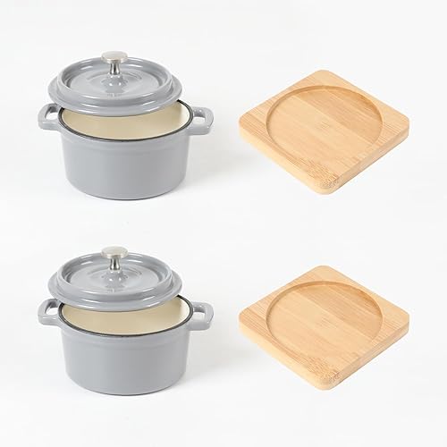 Miniatura 3 de Juego de mini cocotte redondo de hierro fundido esmaltado, mini hornos holandeses de 0.3 cuartos de galón con tapas y bandejas de bambú, 9.1 fl