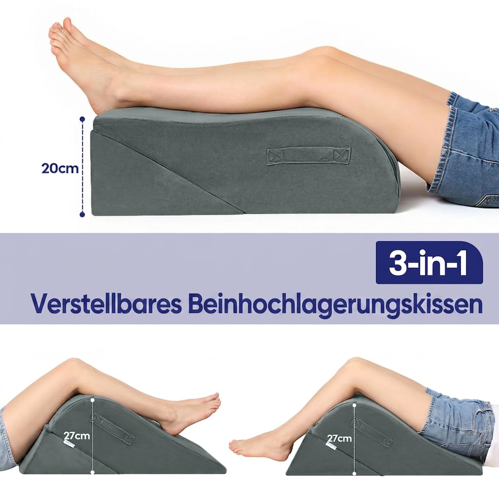 2-in-1 Venenkissen, Ergonomisches Beinkissen zum Hochlagern Grau | Schaumstoff Kniekissen bei Schwellungen Sowie nach Hüft- und Knöchel Operationen – mit Waschbarem Bezug und Tragegriffen