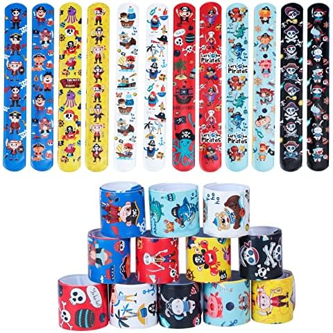 MENGON 24 Pcs Pirate Slap Bands Kids Snap Bracelets Party WristBands for Pirate Themed Party Bag Fillers Children Cosplay Costume Party Boys Girls Gift Cover