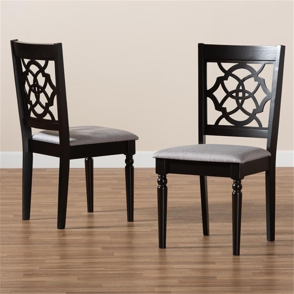BOWERY HILL Modern Oak Wood Dining Chairs, Dark Brown Finish, Set of 2, Foam Padded Upholstered Seat, Cut-Out Back Design, Ring-Turned Legs, 37.4" High, Comfortable Dining Room Seating for Casual or