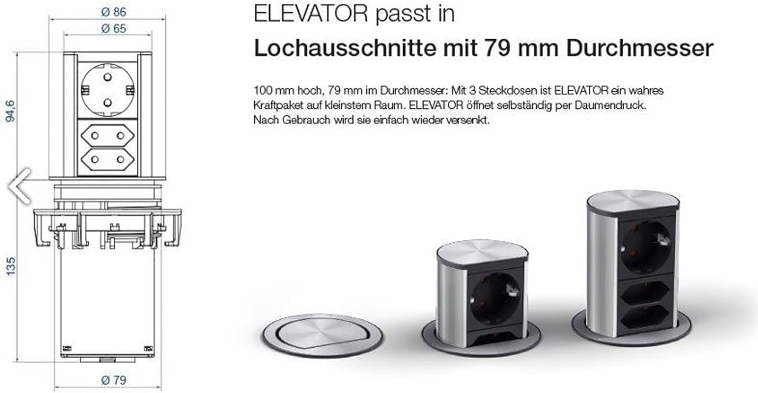 BACHMANN Versenkbare Steckdose Elevator 1x Steckdose 2x Eurosteckdosen 2m Kabel Schwarz