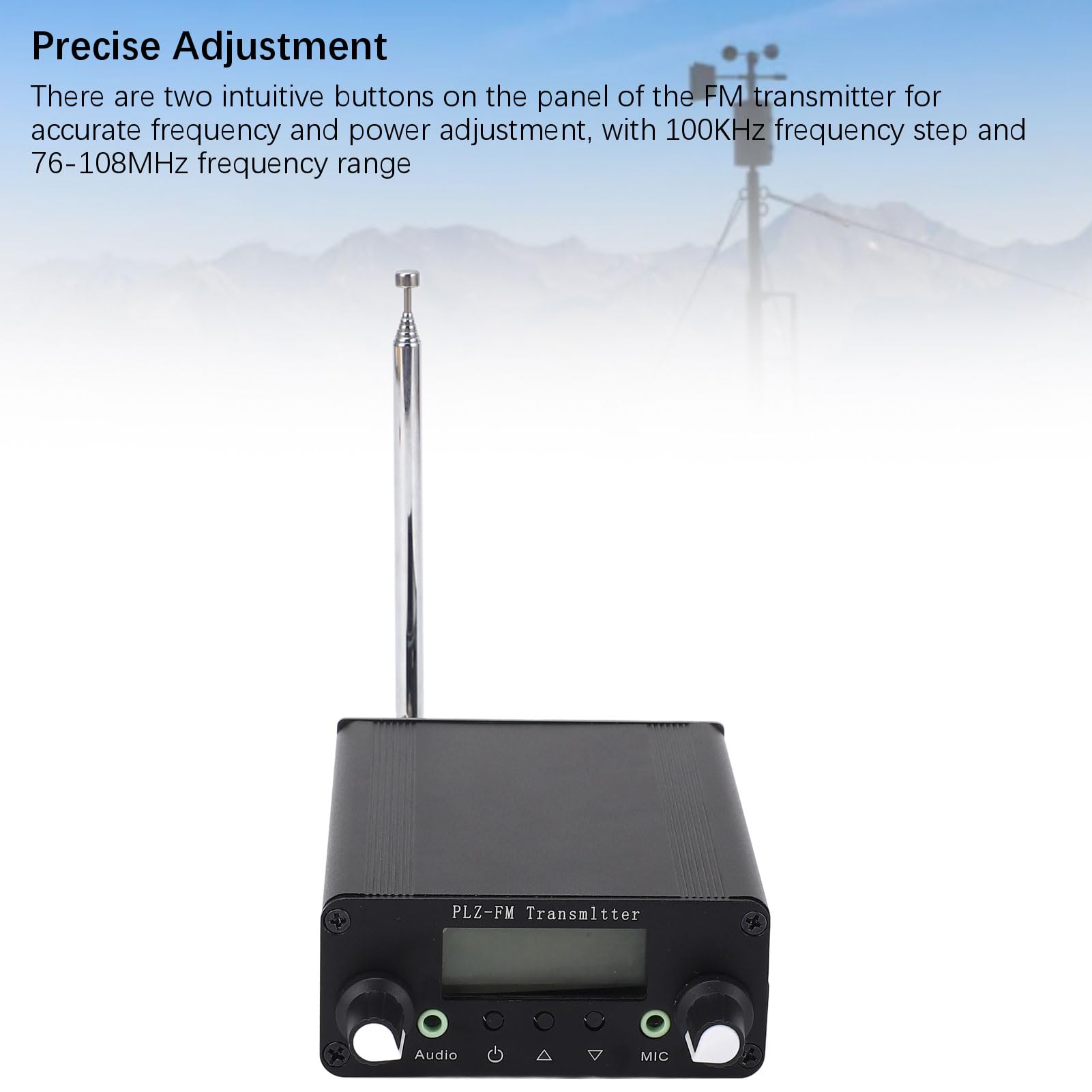 Transmisor FM de 12V - 76-108MHz, Transmisor de Modulación de Frecuencia Estéreo de 1W/5W con Conector de Audio de 3.5 Mm, Rango de hasta 10 Km