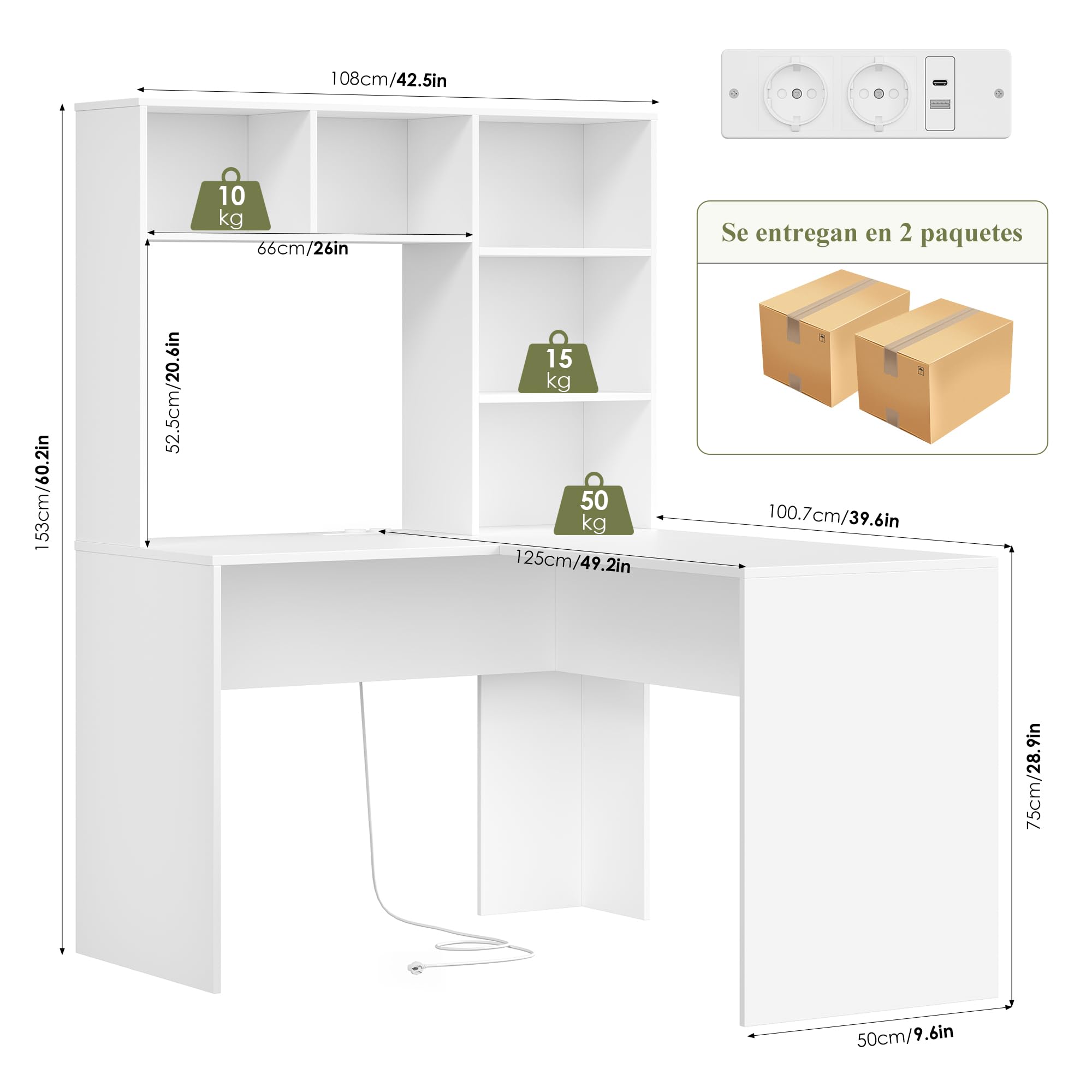 FirFurd Escritorio Esquinero con Estantería, Escritorio Juvenil, Mesa Ordenador en Forma de L, con Regleta, Mesa para Estudio, Dormitorio, Oficina, Blanco