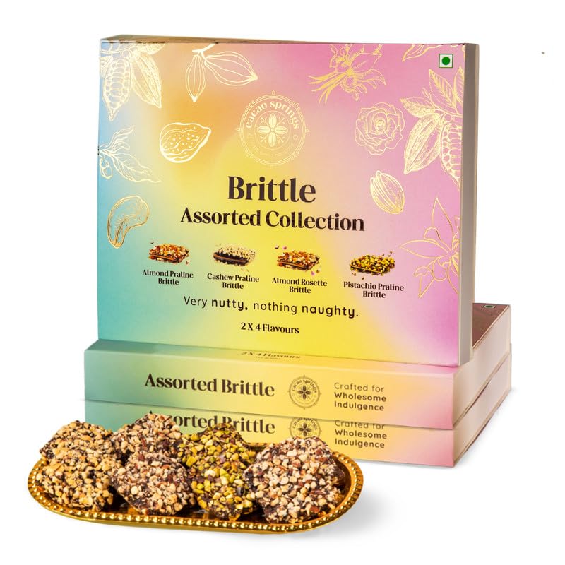 Image of Cacao Springs Assorted Brittle Collection Choco Box (Almonds, Cashew, Pista & Rose), Combo Choco & Nut Delicacy Treats, Premium Gift Hamper for Christmas Gifts, 8 Pieces in Each Box, 3 Boxes, 336gm