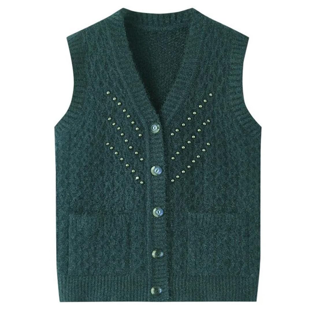 Middle Aged Mother Waistcoat Autumn Knitted Vest Korean Women Winter Beaded Sweater Top