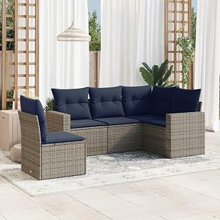 Owoxanthellate 5 Piece Patio Sofa Set Modular Outdoor Sectional Couch Gray PE Rattan 25.8"x24.4"x27.2" UV-Resistant Cushions Navy Blue for Backyard, Balcony, Garden Conversation Space