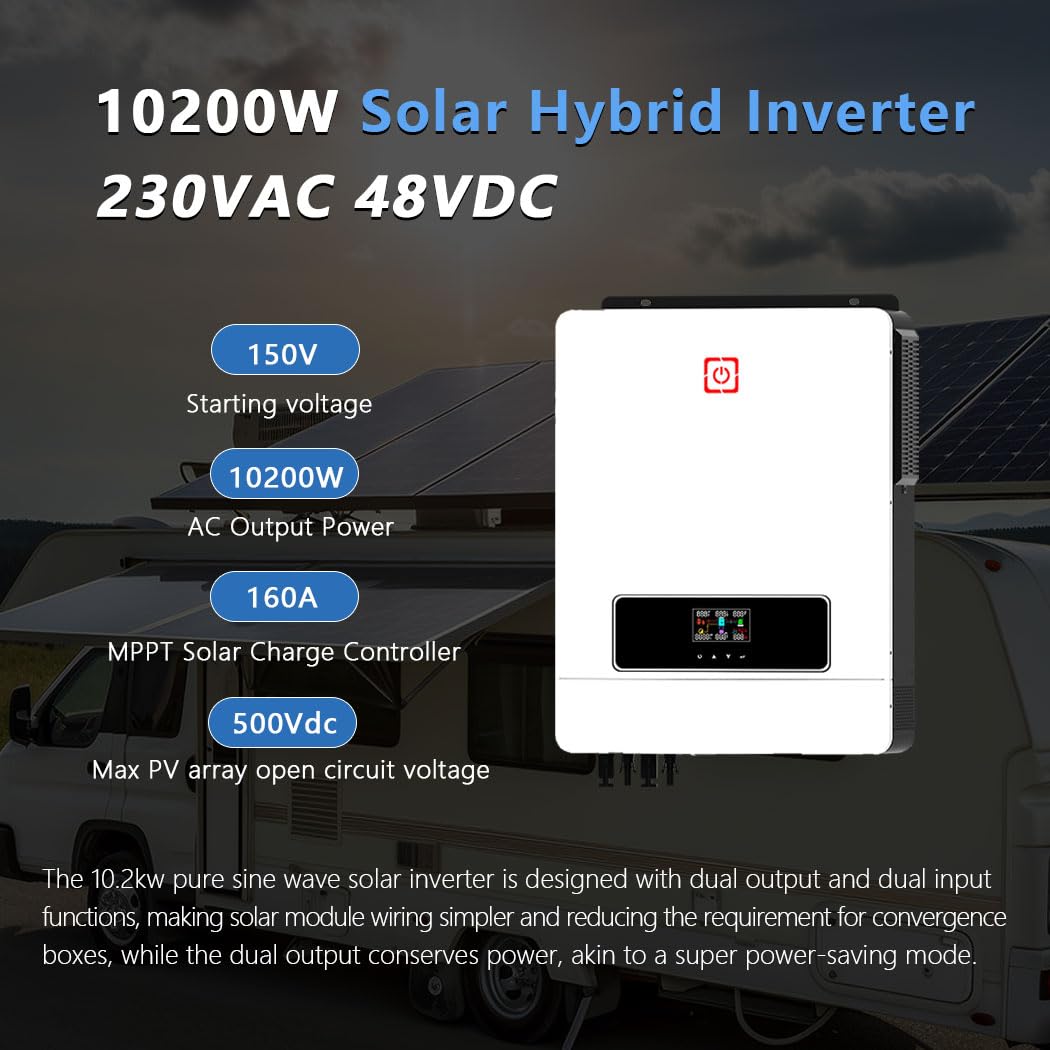 10200W On/Off Grid Solar Hybrid Inverter Eingebauter 160A Laderegler PV Max 500V Eingang DC48V zu AC230V Reiner Sinus Welle Inverter für Home Energy Storage RV Schuppen Off-Grid System