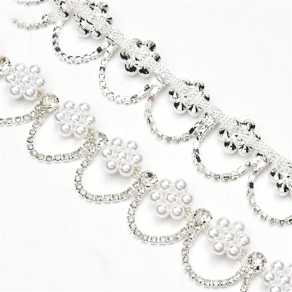Frędzle z kryształkami, Rhinestone Perłowy Łańcuszek z frędzlami Wykończenia z frędzlami Przyszyte ozdoby Białe 1 jard(Style 2)