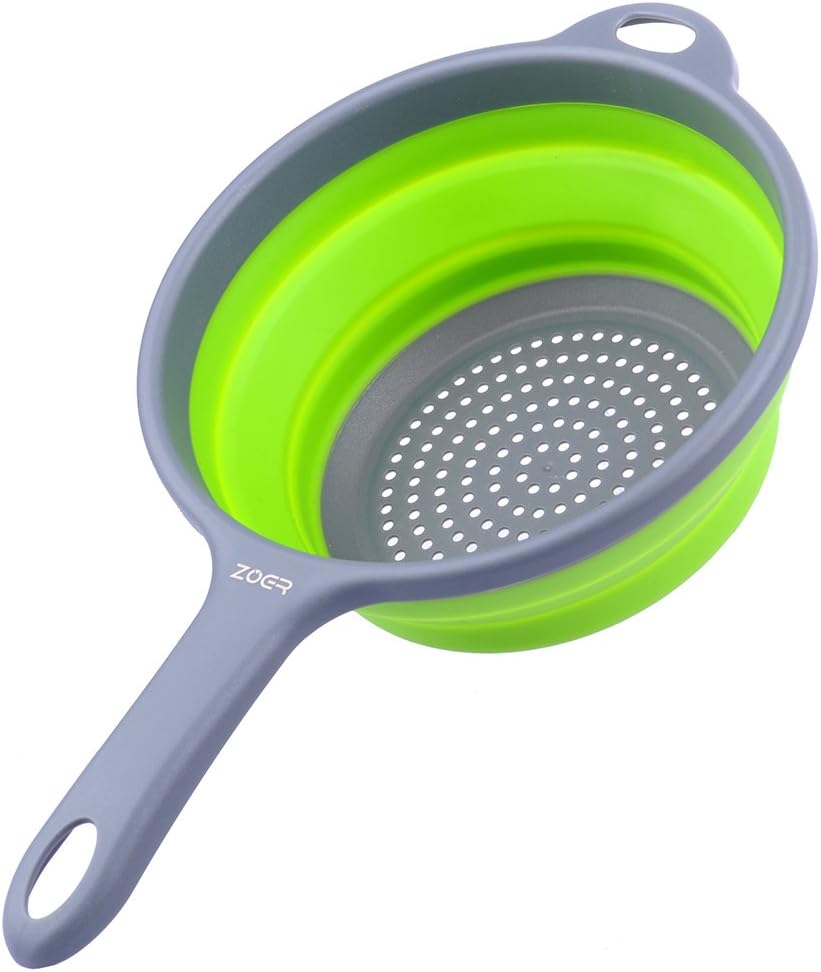 ZOER Kitchen Foldable Pasta Strainers,Collapsible Colanders with Handles,Space-Saver Folding Silicone Strainers Colander,Capacity of 2 quart (Green)