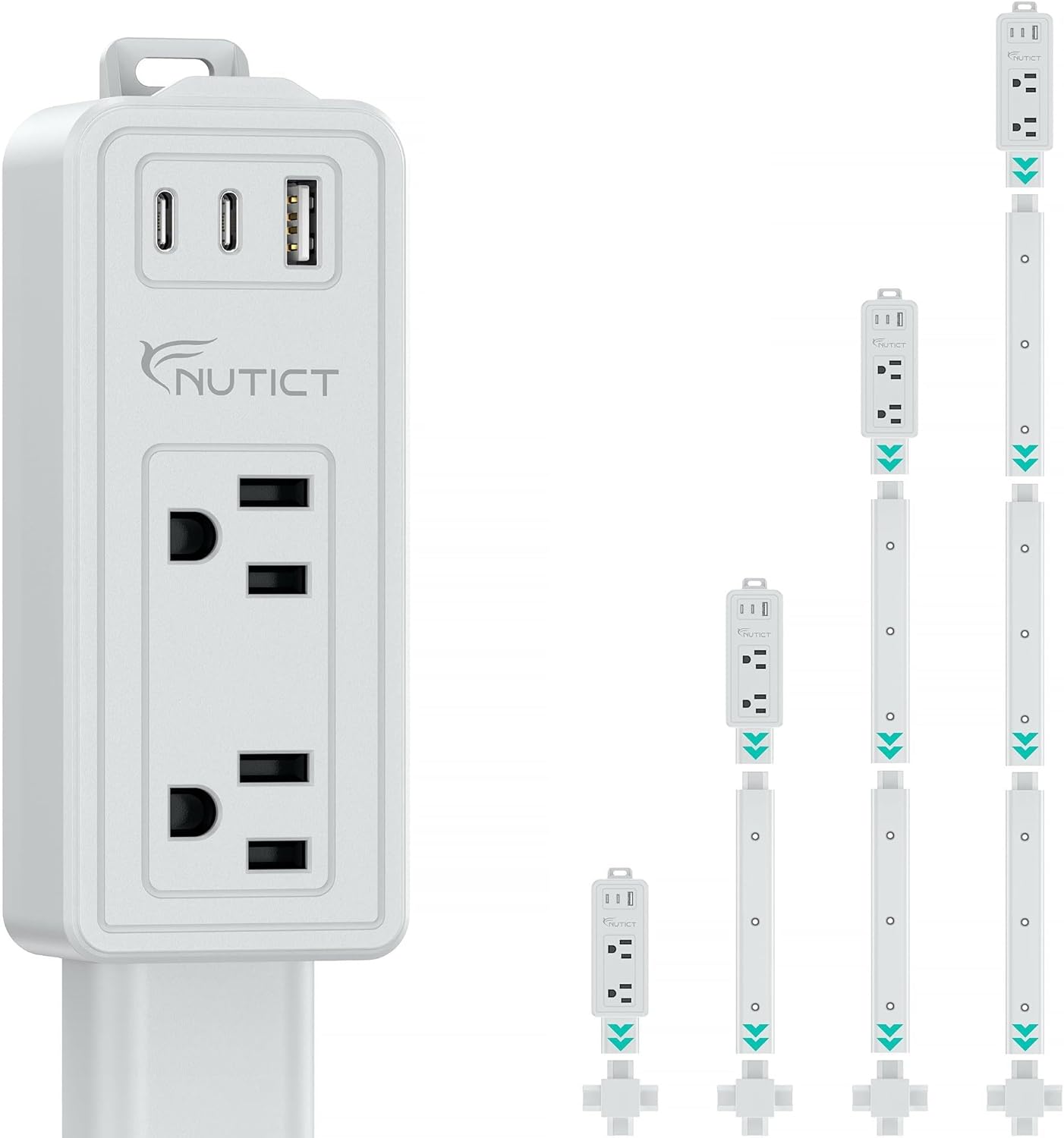 NUTICT Electrical Outlet Extender Stick, 2 AC Outlets & 2 USB-C & 1 USB-A Port, Free Assembly & Flexible Extends 6"-34", Access Hard-to-Reach Outlets Behind Couches, Nightstands, Beds, Desks, Grey