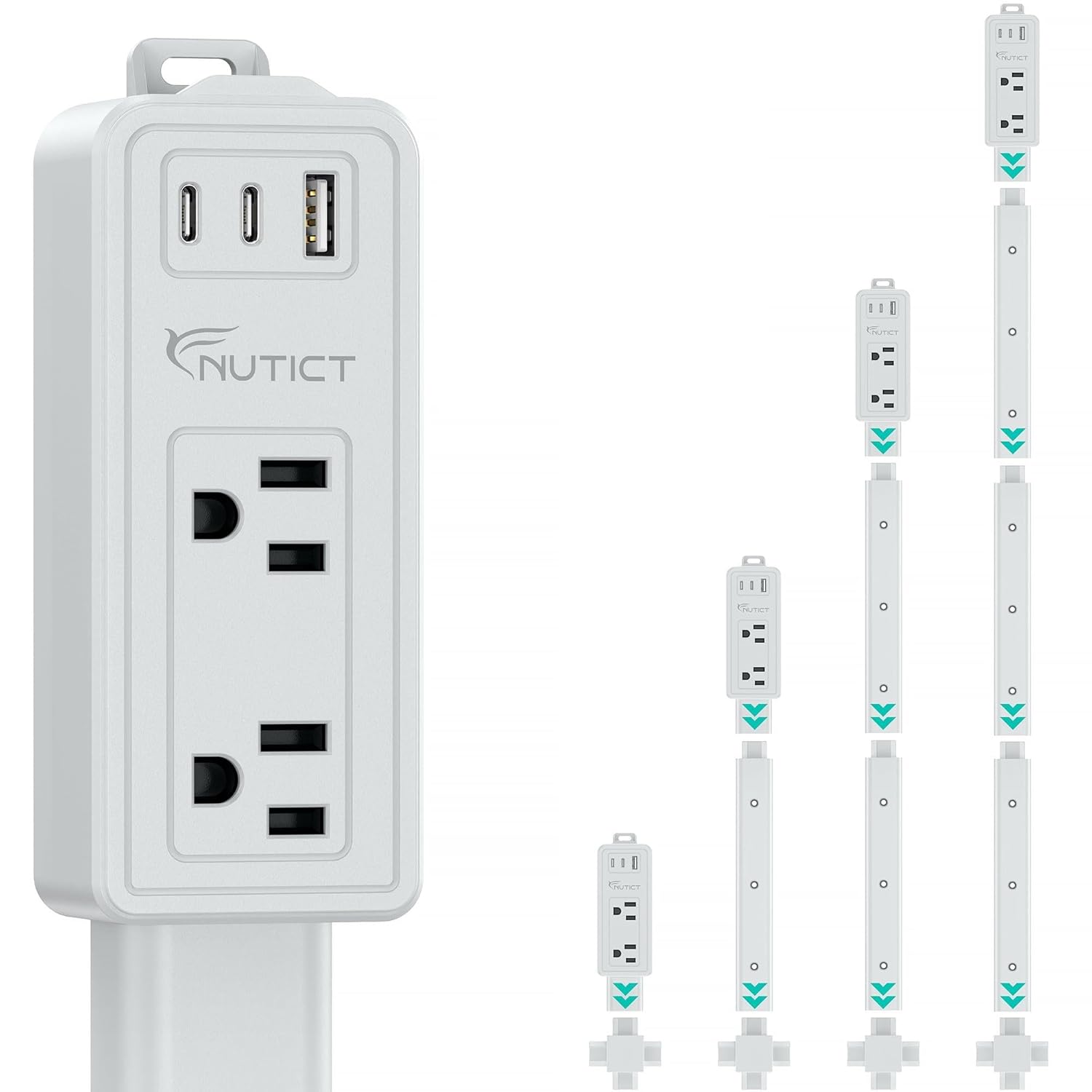 NUTICT Electrical Outlet Extender Stick, 2 AC Outlets & 2 USB-C & 1 USB-A Port, Free Assembly & Flexible Extends 6"-34", Access Hard-to-Reach Outlets Behind Couches, Nightstands, Beds, Desks, Grey