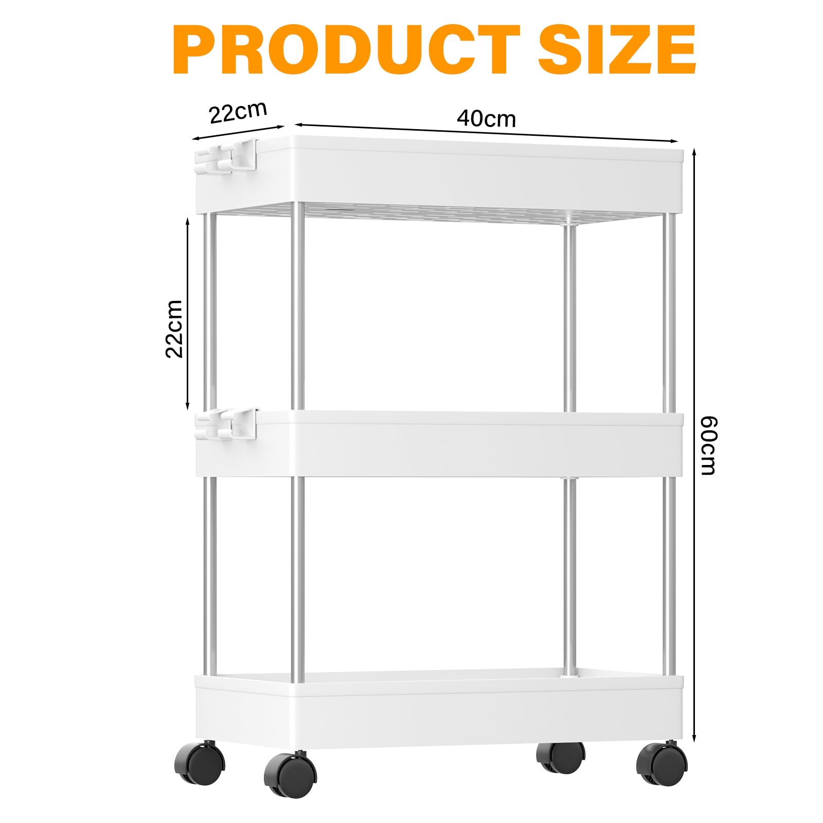 Carrello Portaoggetti a 3 Ripiani, Carrellino Cucina Salvaspazio a Ruote, carrello scorrevole, Scaffale alto e Stretto per cucina, bagno, lavanderia, camera da letto, spazi stretti, 60 x 40 x 22 cm