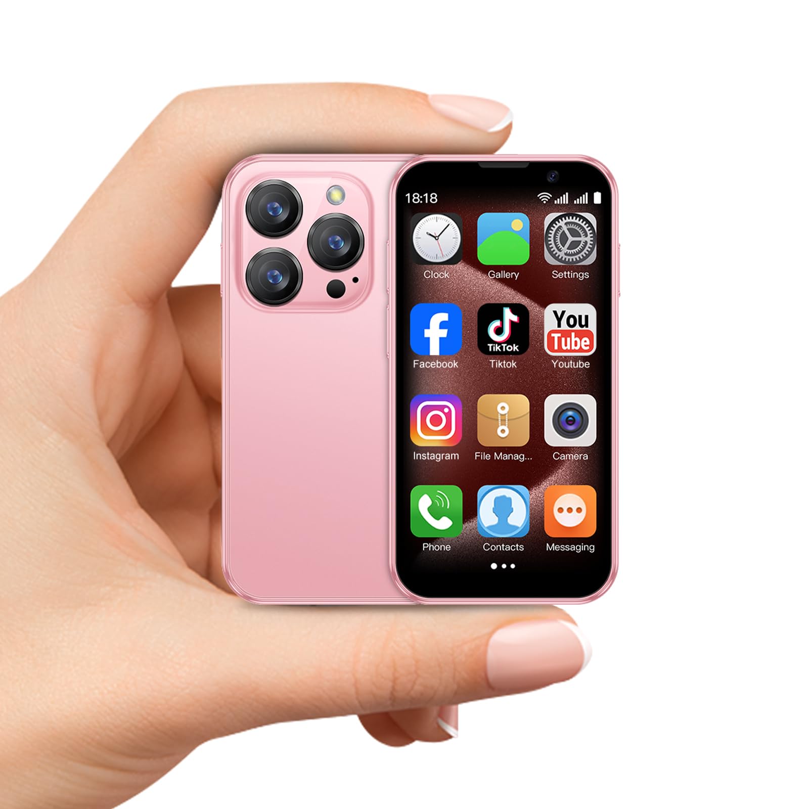 Mini phone Unlocked Mini Smartphone for kids 3.0" HD Touch Screen World's Smallest Cell Phone Quad Core Dual Sim Card Face ID Android Compact Small Mobile Phones for Student Pocket 2GB+16GB Pink