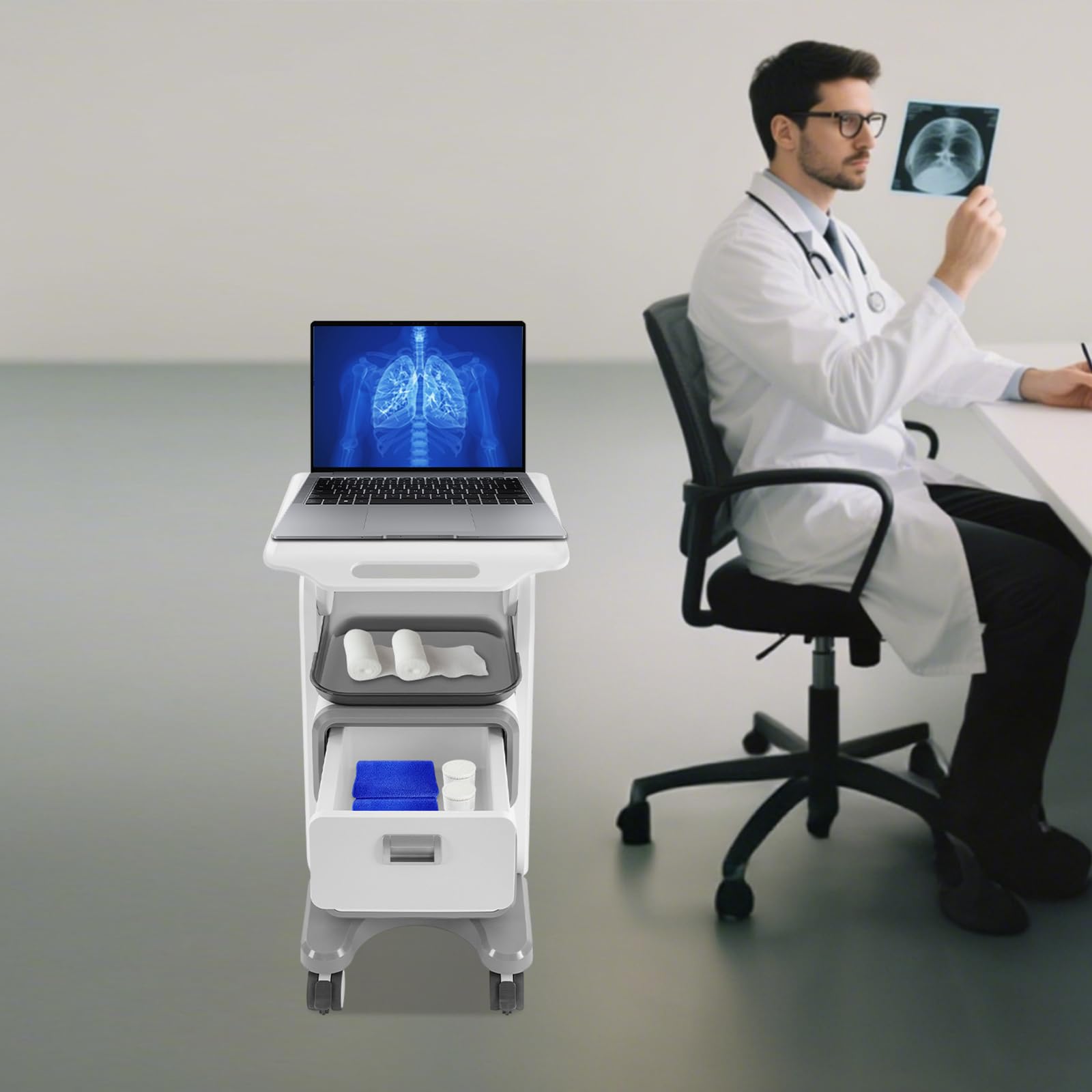 Carrello di servizio medico professionale,carrello medico con 2 cassetti 4 ruote universali silenziose capacità di carico 60 kg, per laboratorio, armadietto dentale e salone di bellezza