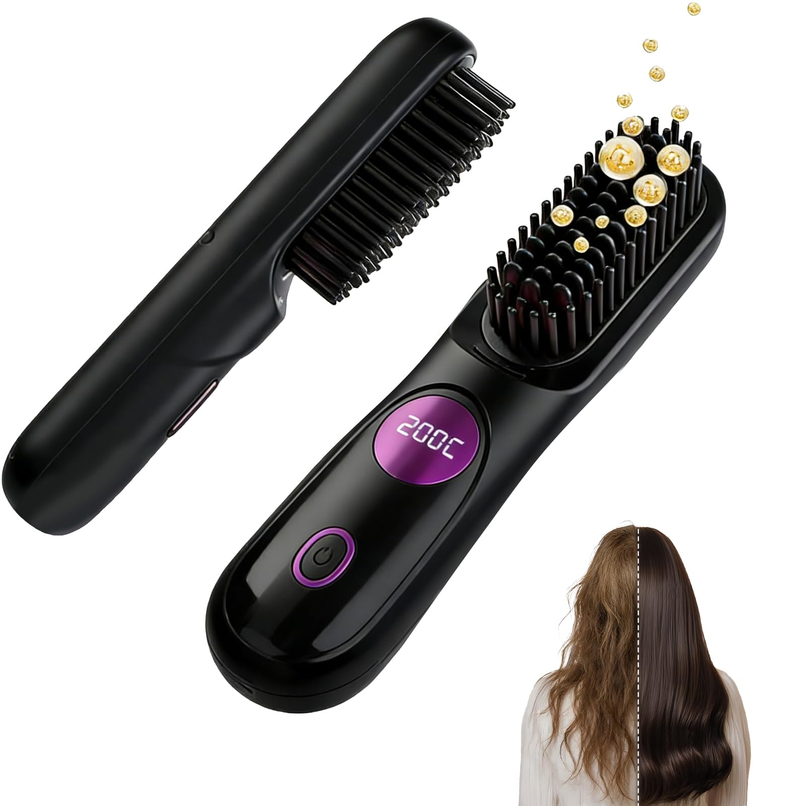 Go Brush Pro, 2026 Upgraded Go Brush Pro, Portable Straightener Brushs for Travel, Cordless Fast Heating Hair Straightener with LCD Temperature Display, Smooth Frizz - Free Hair Shining Black