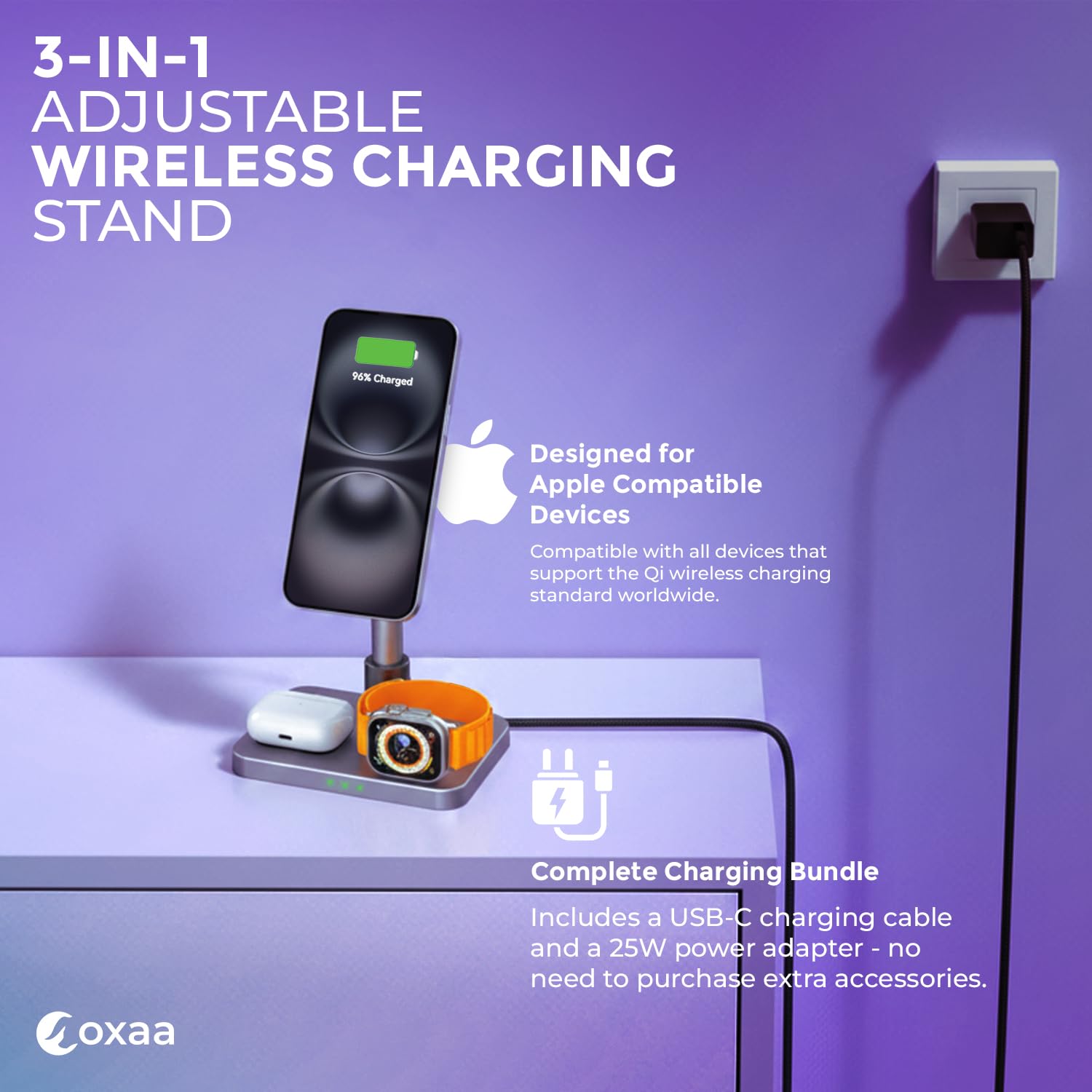 Support de chargeur télescopique 3 en 1 pour montre avec chargeur de téléphone pour iPhone, station de charge sans fil et chargeur sans fil pour appareils iOS