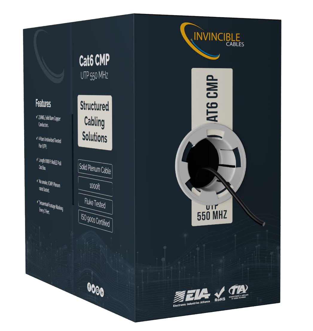 Cat6 Plenum (CMP) 1000ft Cable | 100% Solid Certified Copper Conductors | 550 MHz,23AWG 4 Pair,UTP | Fluke DSX-8000 Analyzer Test Passed |The Ultimate Certified Solution (Black)