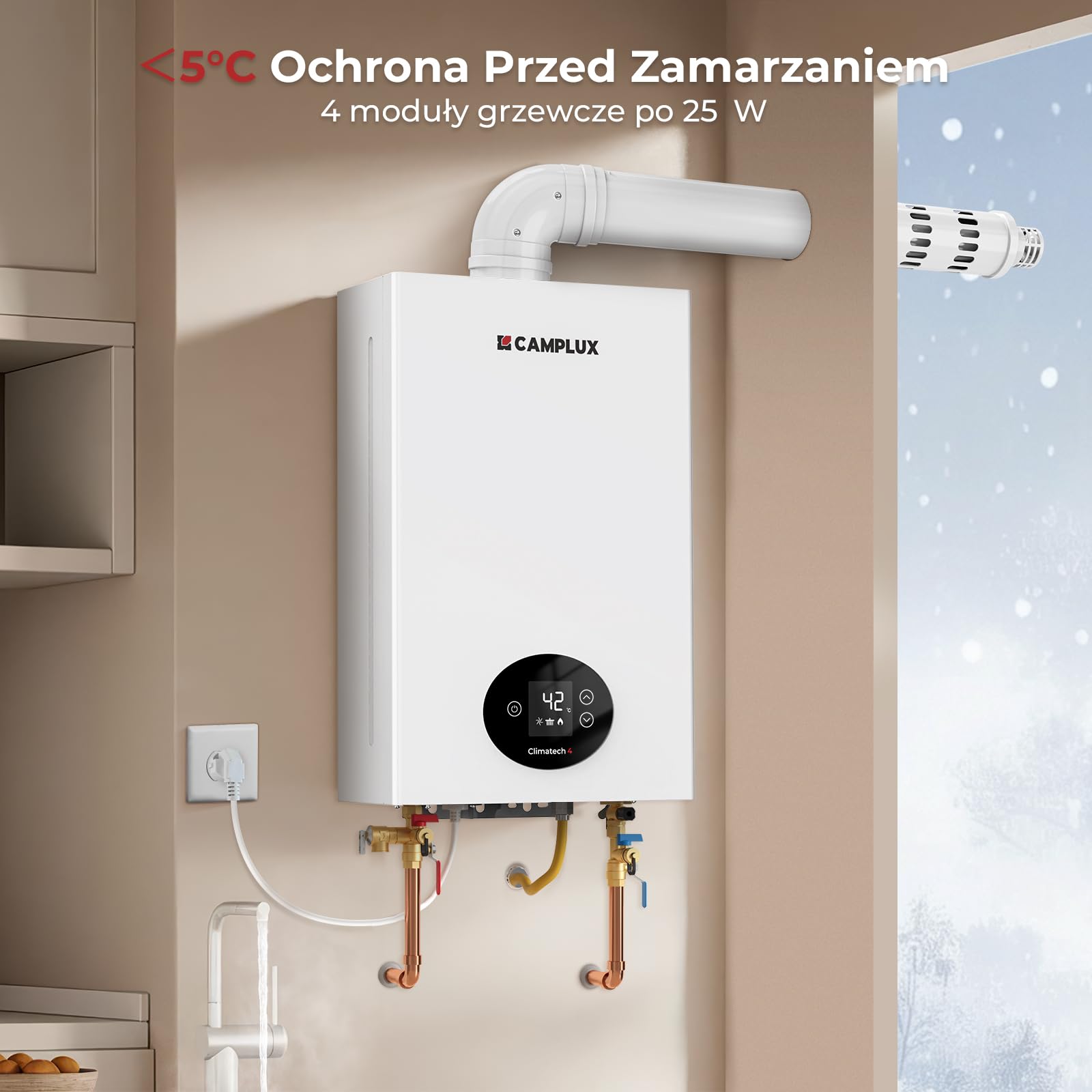 CAMPLUX Climitech 4 Gazowy Podgrzewacz Wody 12-litrowy, LPG, 28-50 mbar, do Łazienka/Kuchni/Balkonu, GX318LP