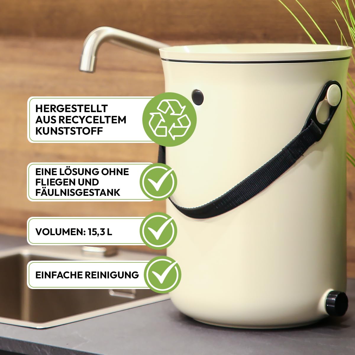 Skaza Bokashi Organko 2 | Biomülleimer Küche 9,6 Liter – Komposteimer für Küchenabfälle – mit 1 Kg EM Fermentieren Aktivator (Cremeweiß)