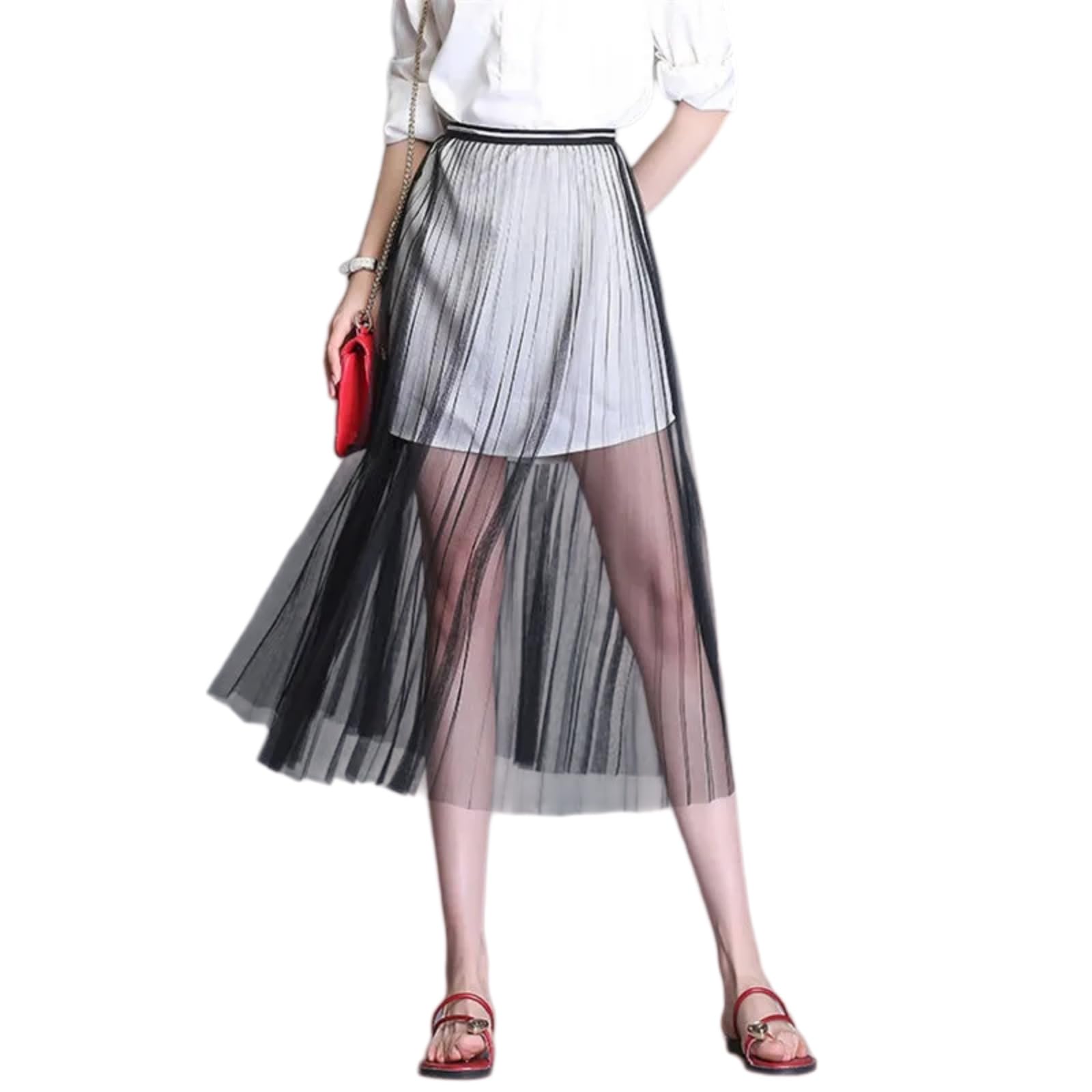 Minifalda Falda Elegante De Malla Las Mujeres Midi Cintura Alta Tulle Encaje En Capas Fluy Verano La Playa Fiesta Traje Estilo Chic-Lace White-One Size