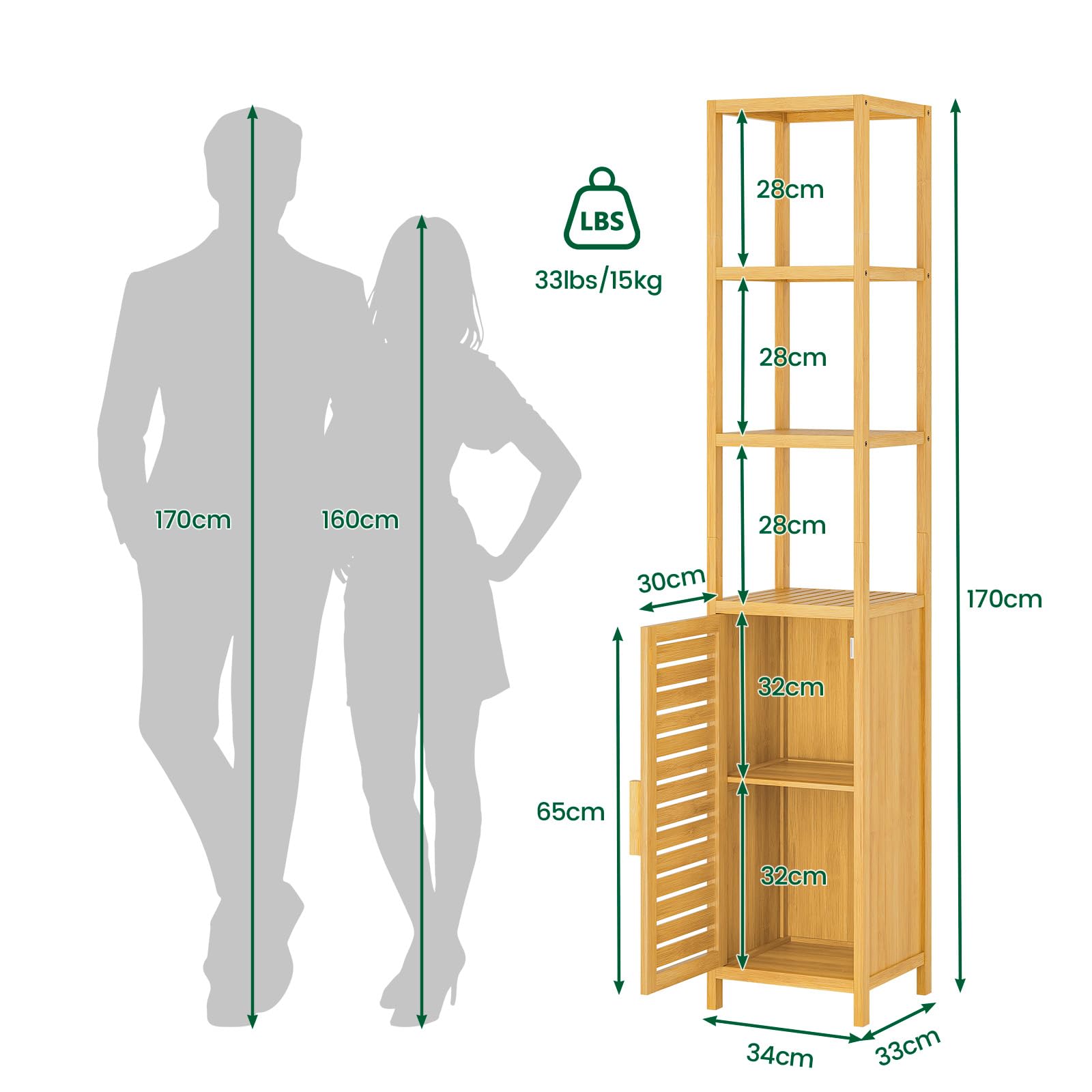 VIAGDO Hochschrank, Badezimmerschrank Bambus, Badschrank hoch mit 3 offene Fächern und Schrank, hoher Beistellschrank, Aufbewahrungsschrank, für Badezimmer, Flur, Küche, Wohnzimmer
