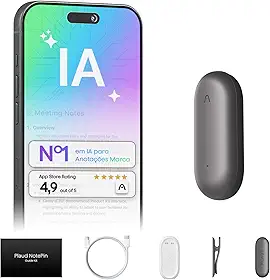 Gravador de voz com IA, com Plaud NotePin, controle de aplicativo, anotador com IA, transcrição e resumo com IA, 112 idiomas, 64 GB, gravador de áudio para aulas, reuniões, cinza cósmico