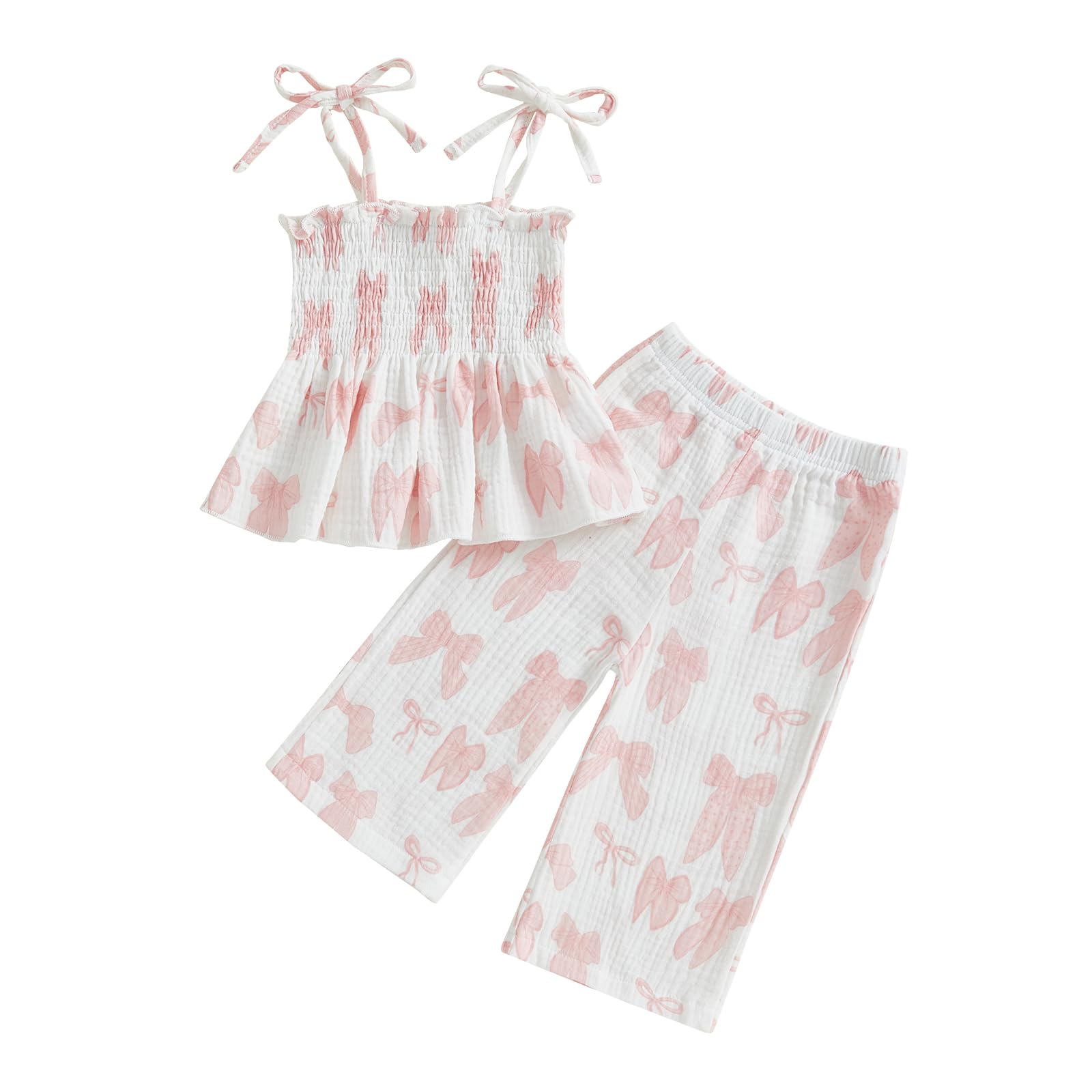 JLKGICF Toddler Baby Girl Summer Outfits Bow/Floral Sleeveless Smocked Strap Camisole Tops Cotton Linen Pants Cute Clothes (Bowknot White, 6-9 Months)