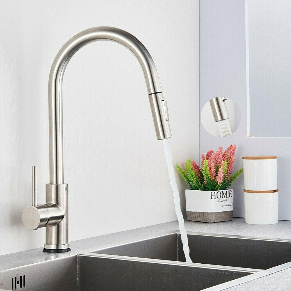 BHFPFZA High Arc Pull Down Kitchen Faucet with Sprayer Brushed Nickel Finish Single Handle Mixer Tap for Easy Control Modern Design for Home and Restaurant Use