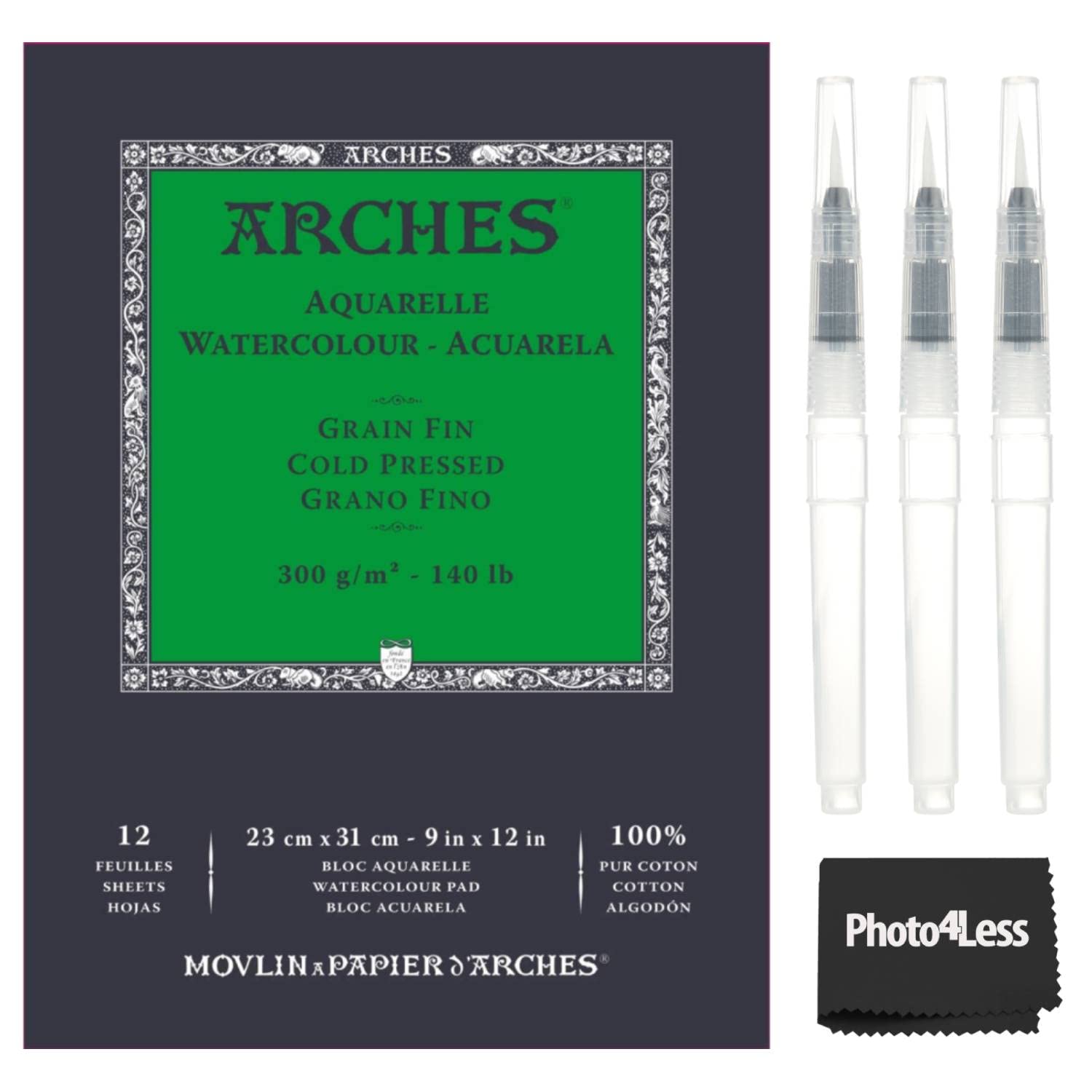 Arches Watercolour Cold Pressed Pad 10X14 Natural White 140Lb, 12 Sheets + 3 Piece Water Color Brush Set