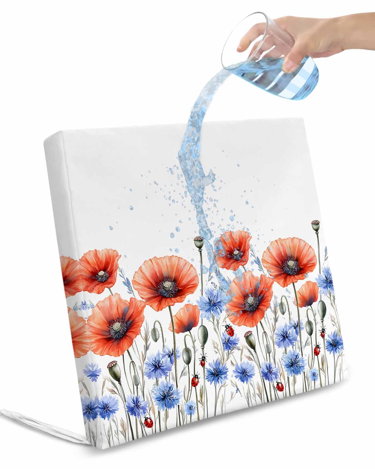 2 Pack Blue Flower Waterproof Cushion Covers with Ties, Outdoor Patio Chaise Lounge Chair Seat Cushion Slip Covers Replacement(Only Cover) Watercolor Red Bloom Floral Independence Day 22