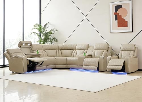 Miniatura 33 de Juego de sofá seccional reclinable eléctrico con luz LED, sofá esquinero reclinable de cuero y silla, muebles reclinables de teatro con Crema