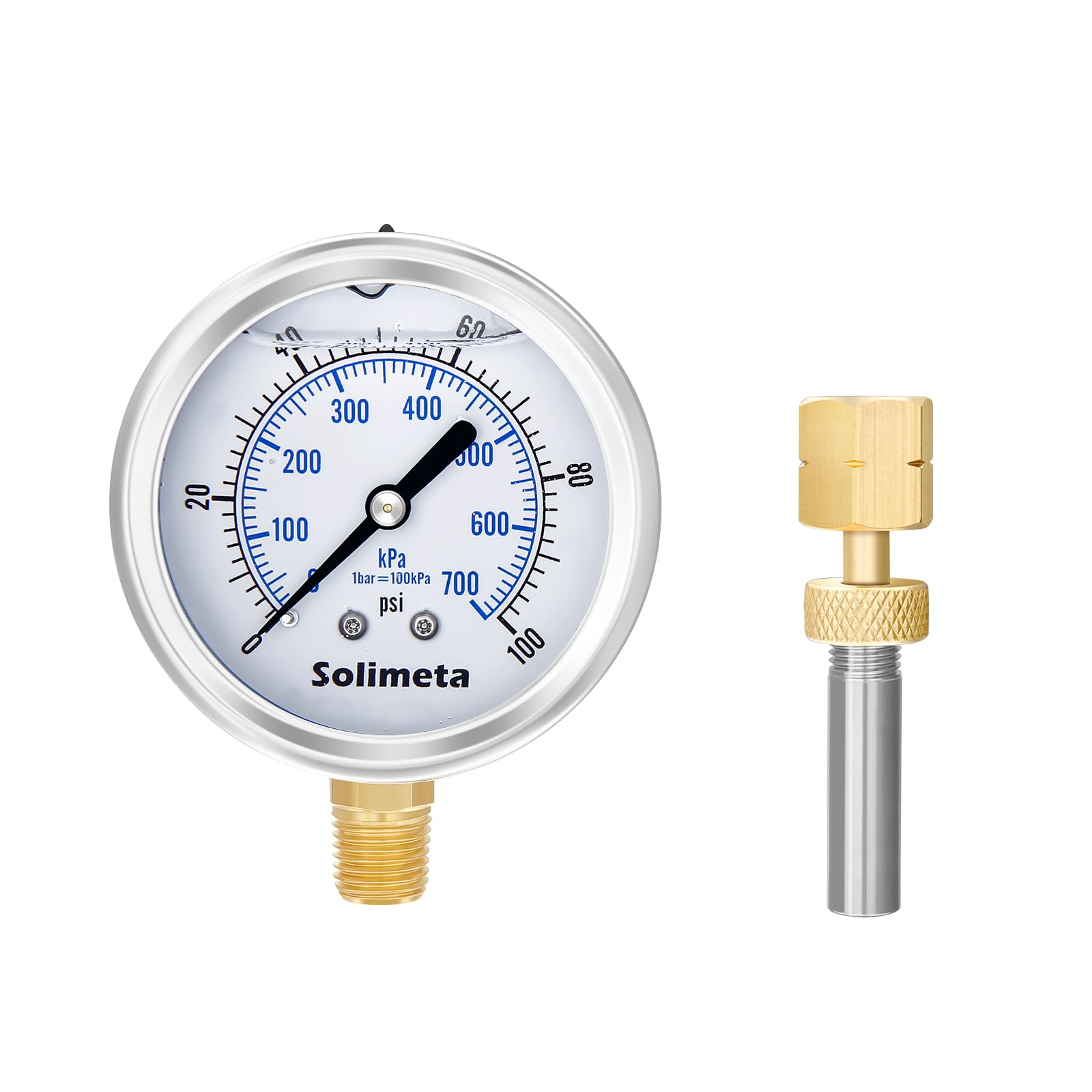 Solimeta 2-1/2" Dial Size, Oil Filled Pressure Gauge, 100psi Pressure Gauge, 1/4" NPT Lower Mount, with Brass Test Plug