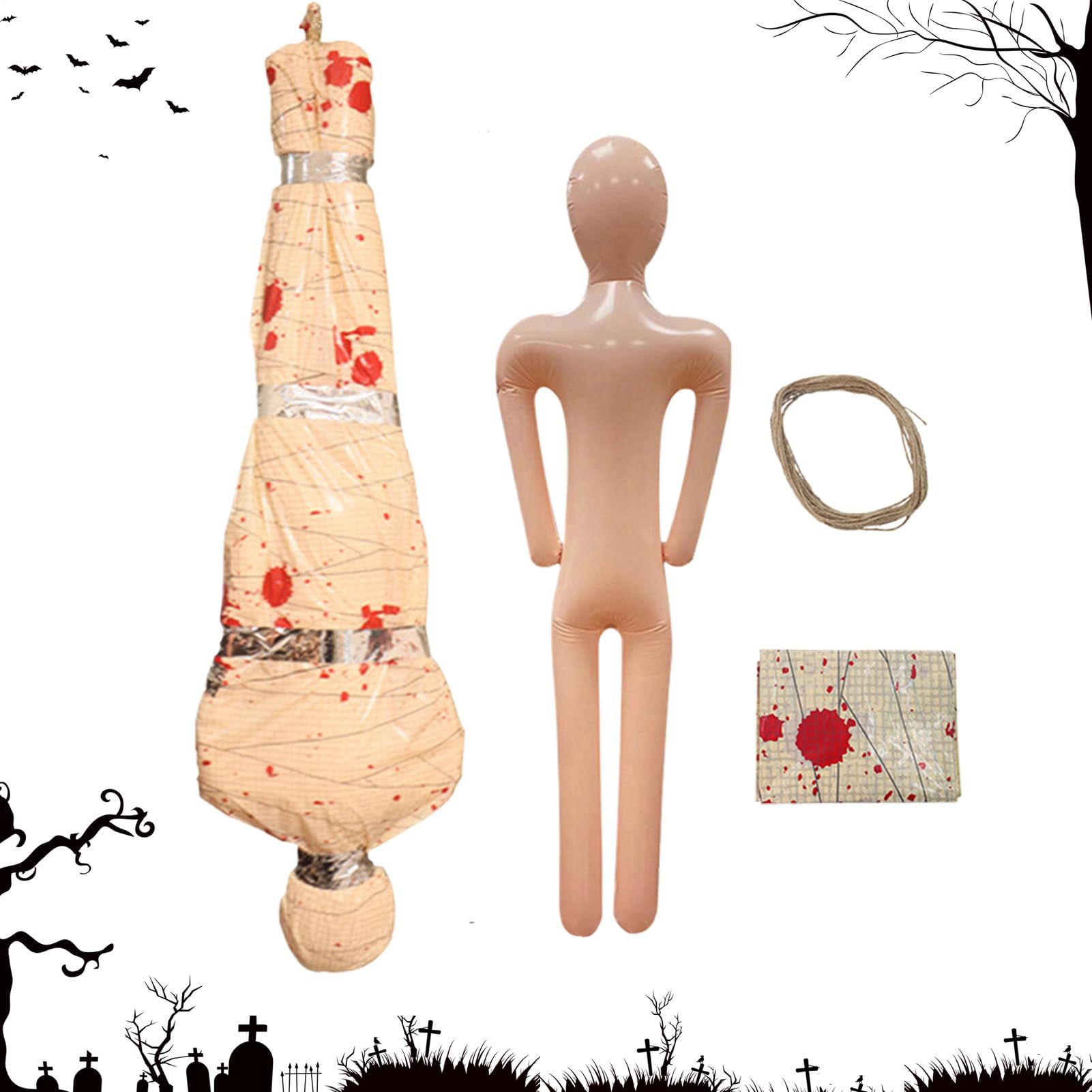 Cadaver inflable en bolsa mortuoria para decoracion terrorifica de porche y cementerio