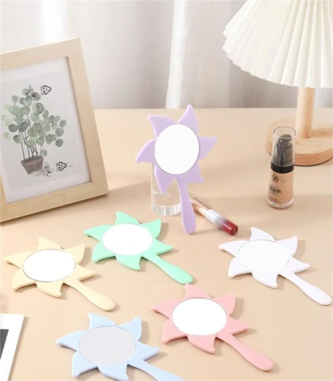 Mini Makeup Mirror Ergonomic Portable Windmill Handheld Creative for Female Students Office Workers Travel(Yellow -1)