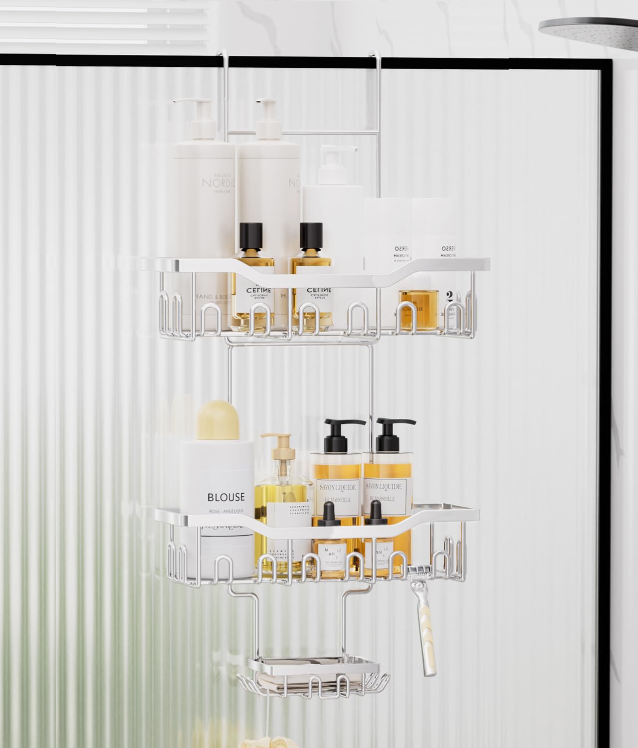 Mensola Doccia da Appendere, Porta Shampoo Doccia da Appendere con Supporto per il Sapone, per Porta Bagno in Vetro, Organizer da bagno (Bianco)