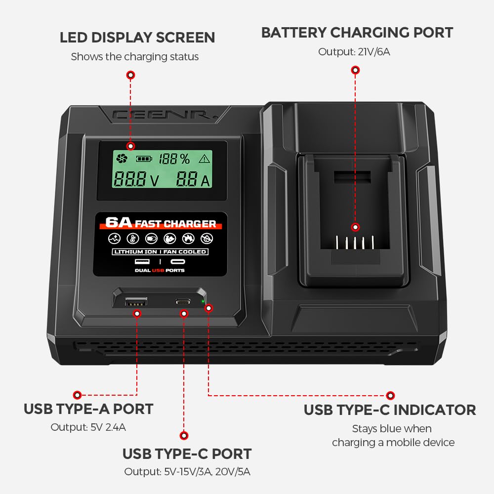 CEENR 6A DCB102 DCB112 Battery Charger Compatible with Dewalt 20V MAX Battery