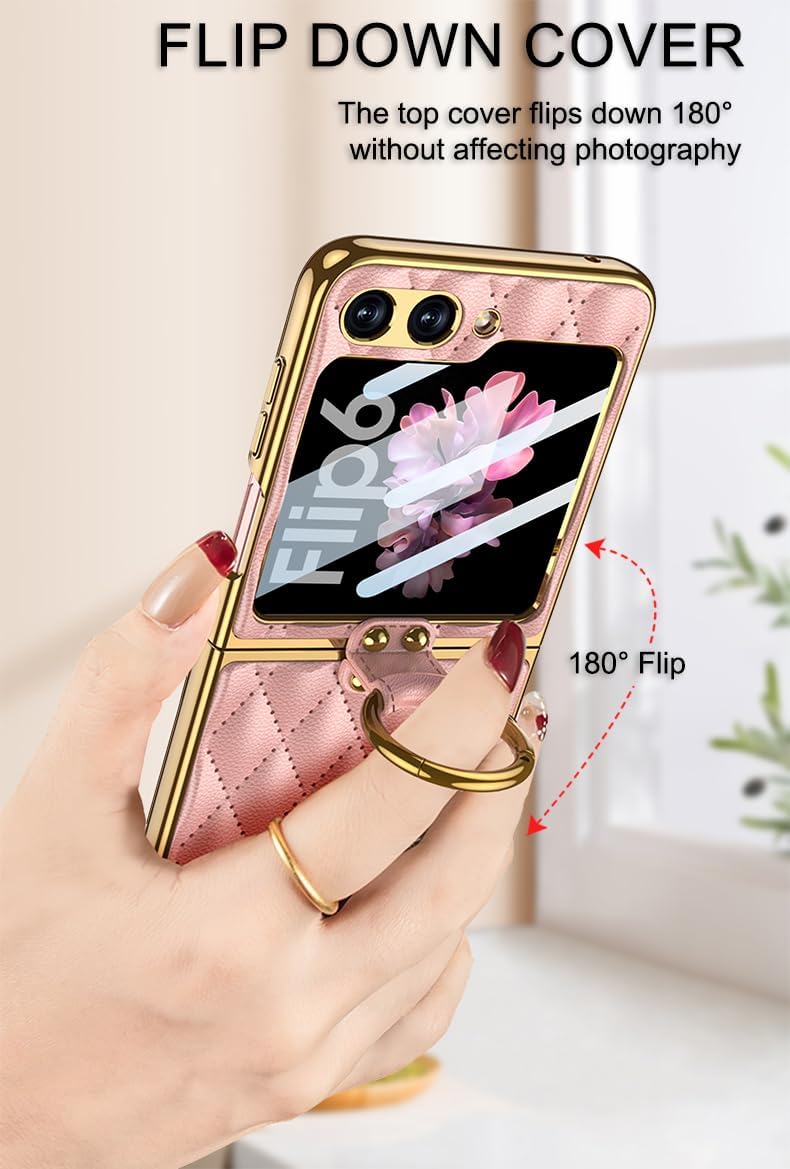 SHIEID Z Flip 6 Case, Galaxy Z Flip 6 Leather Case with Electroplated Frame, Ring Stand, Sponge Lining, and Diamond Shape Design for Samsung Galaxy Z Flip 6, Purple