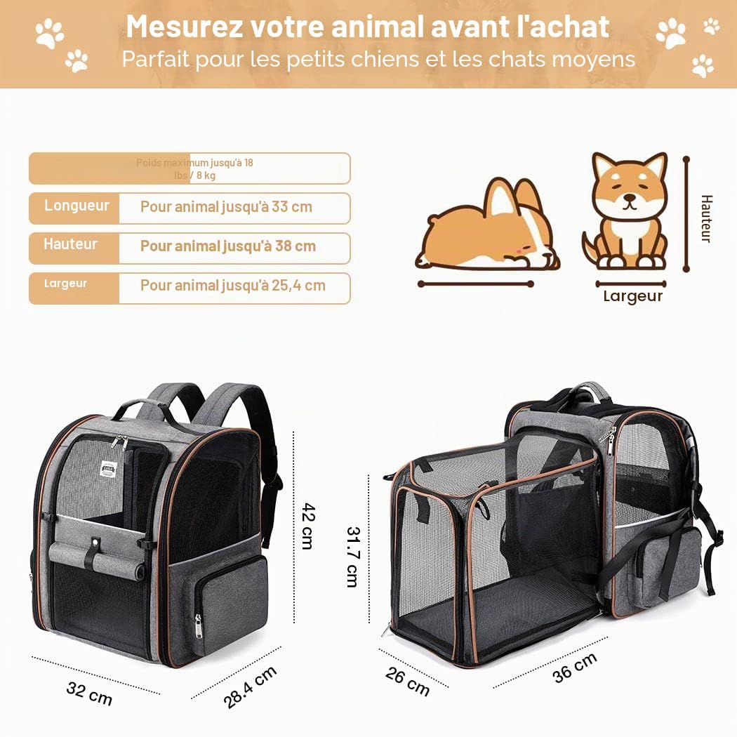 Sac Transport Chat avec 4 Entrées, pour Chien, Respirant - Sac a Dos avec Harnais Intérieur - Charge Maximale 8kg - Gris