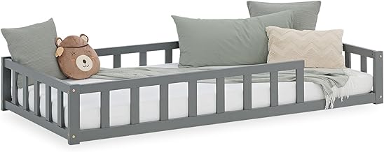 Homestyle4u Kinderbett Grau mit Rausfallschutz 90x200 cm Bodenbett Montessori Bett Lattenrost Kleinkindbett Kinderzimmer, Artikel 2928