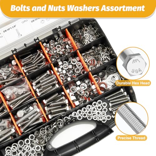 Image of Kadrick 744Pcs 18-8(304) Stainless Steel Hex Bolts Assortment,1 /4-20 5 /16-18 3 /8-16 Heavy Duty Bolts and Nuts Kit, Assorted SAE Bolts Nuts Flat&Lock Washers,Lenth Form 1 /2''-2''