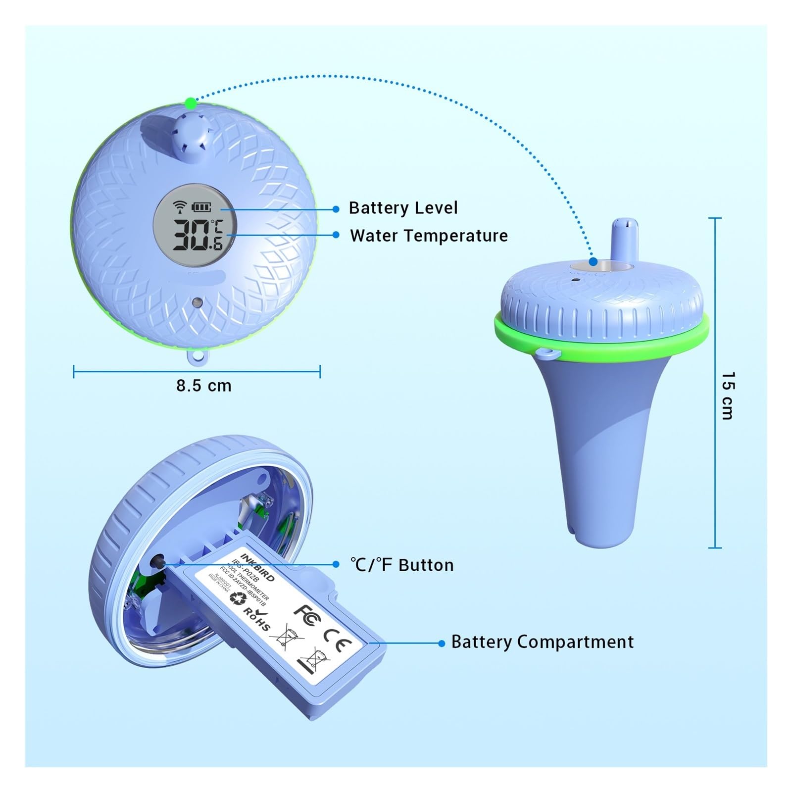 Termómetro de piscina flotante con Bluetooth, termómetro digital impermeable for piscinas, acuarios, spas y estanques(Normal Version)