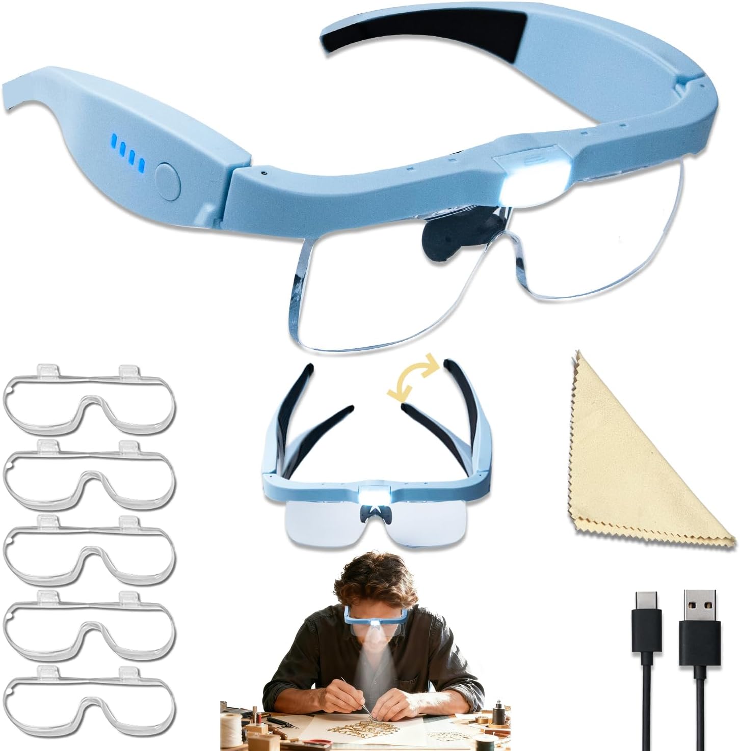 Professional Magnifying Glasses Headset with 5 Detachable Lenses 0.75X-4.0X & 3 LED Lights, Rechargeable Hands-Free Headband Magnifier for Close Work, Jewelry Crafts Hobby (Pink)