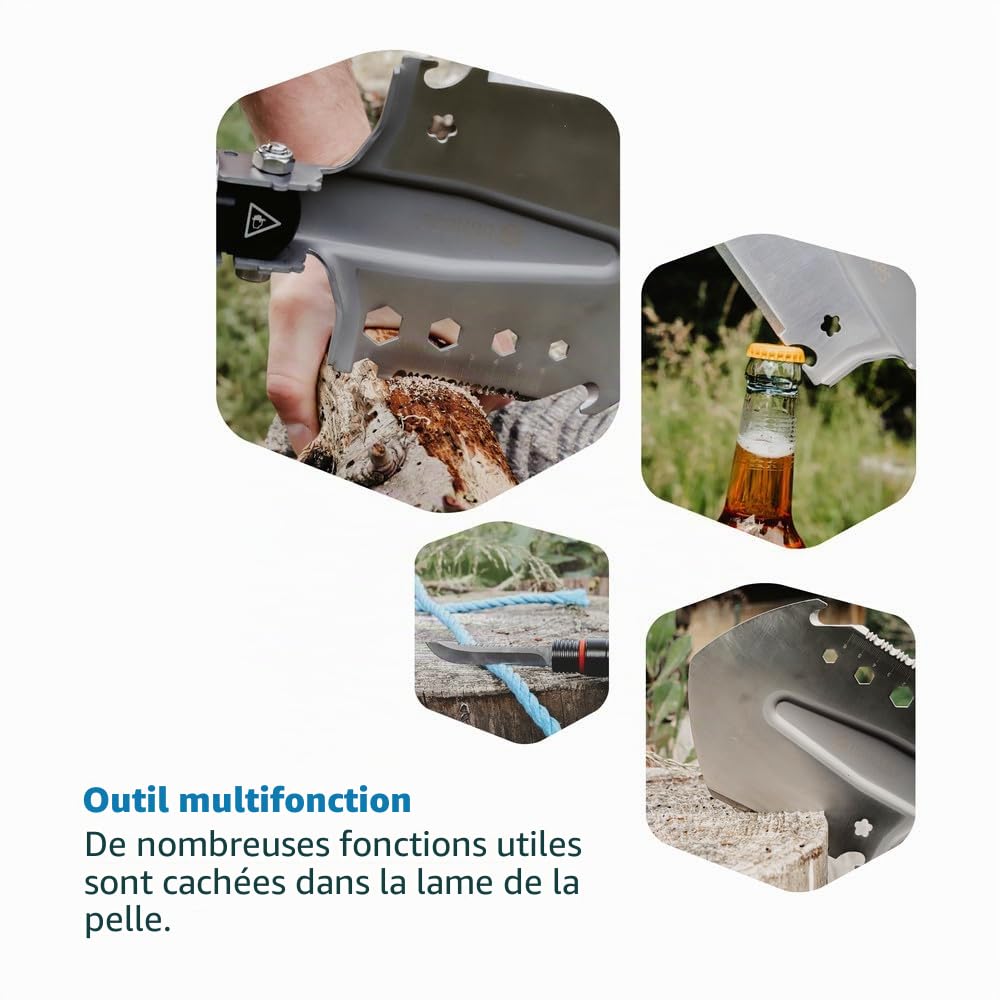 Dönges Pelle pliante multifonctionnelle avec 3 longueurs | Pelle combinée en acier inoxydable | Pelle pliante noire pour survie, randonnée, camping | Équipement de survie avec sac de transport