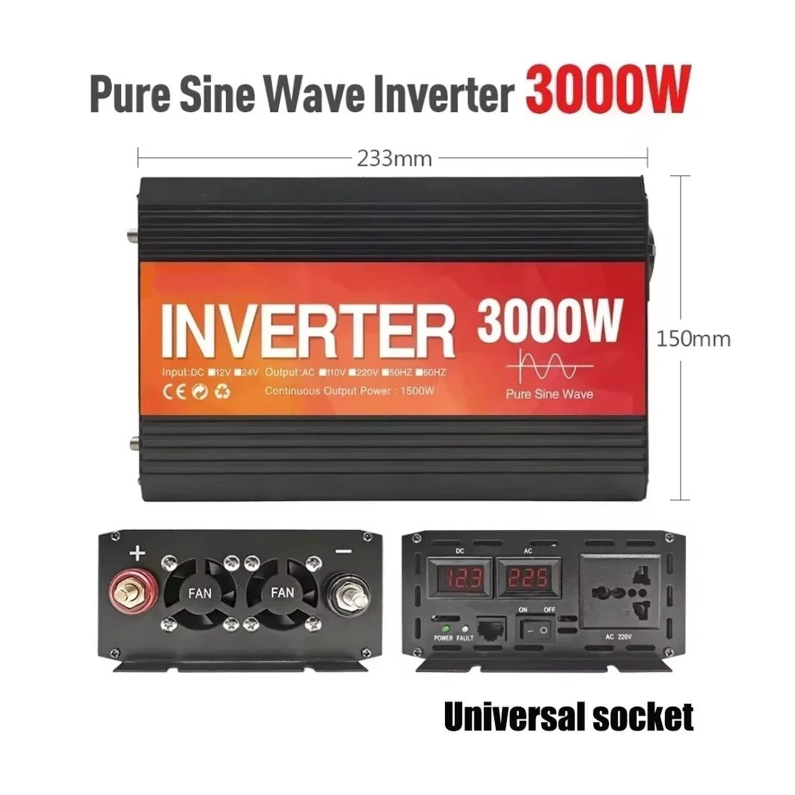 Inversor Coche 12 V 24 V A 220 V 50 Hz 60 Hz 2000 W 3000 W 4000 W Convertidor Voltaje Inversor Solar Onda Sinusoidal Pura Transformador(24V,220V60HZ,3000W)