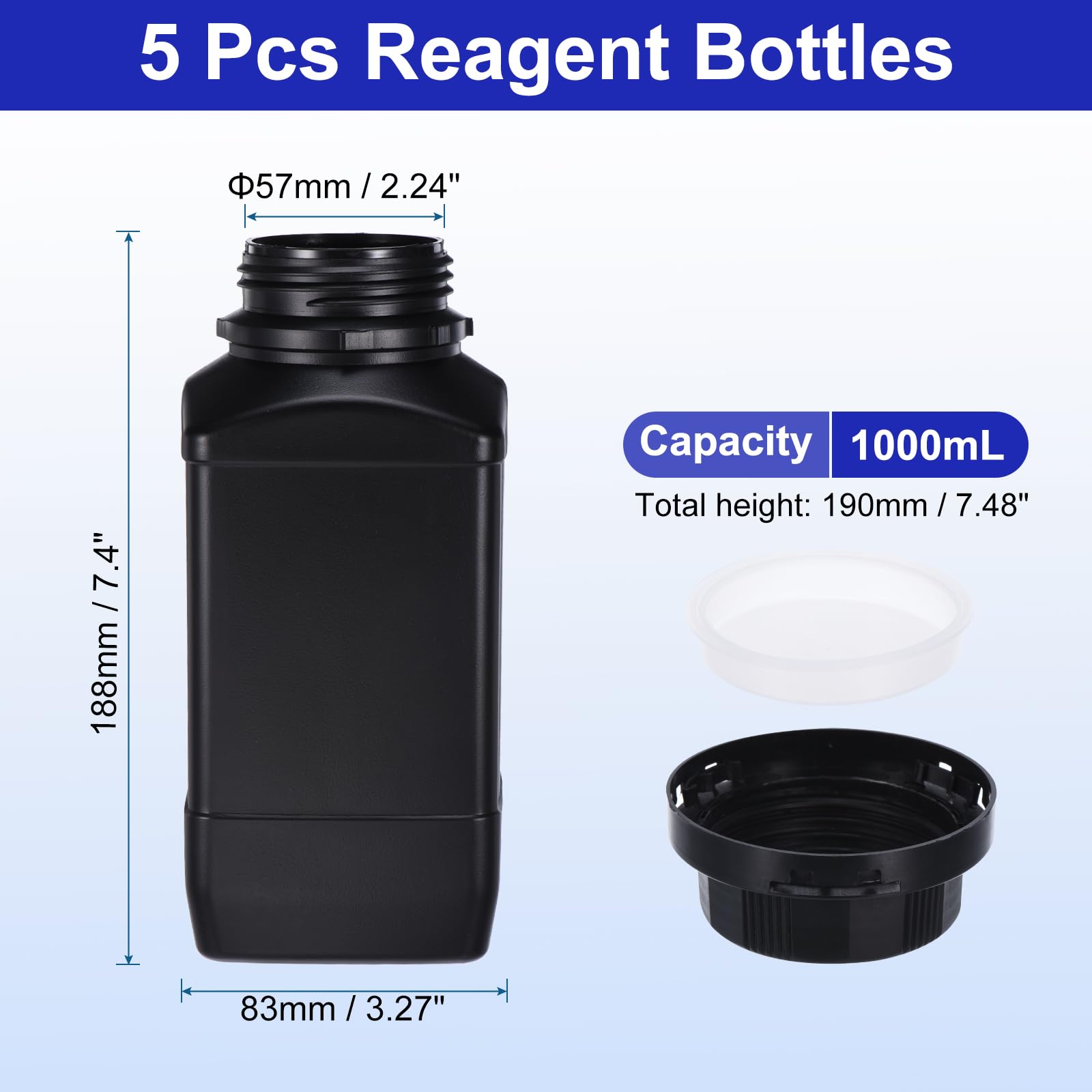PATIKIL 5Pcs Bouteilles de Réactif de 1000 ml, Bouchon à Vis, en HDPE, à Large Ouverture, pour le Stockage de Liquides Réactifs en Laboratoire, Échantillons Solides, Couleur Noire